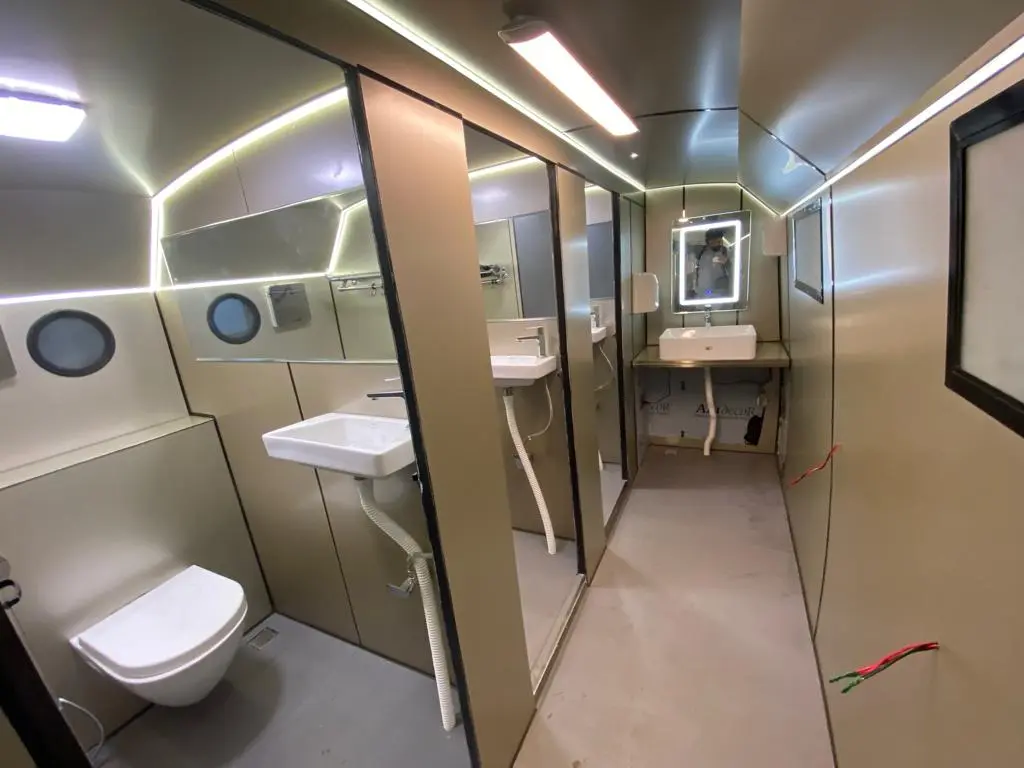 Private washrooms and handwashing spaces inside the first eLoo